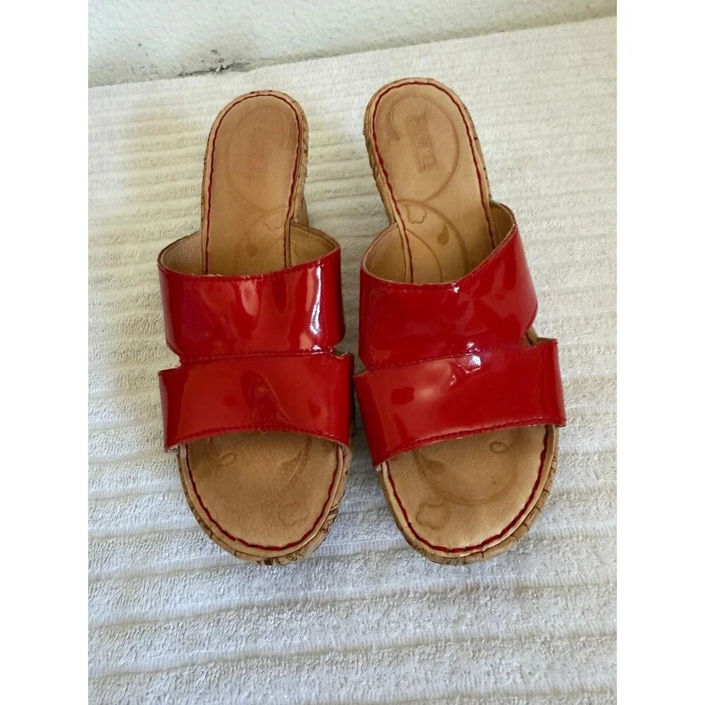 Born Women’s Red Patent Leather Wedge Slide Sandals Size 8 M